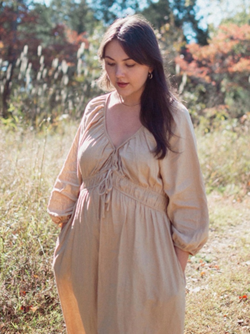 Universal Thread Target Linen Blend Peasant Natural Cream Camel Dress Medium